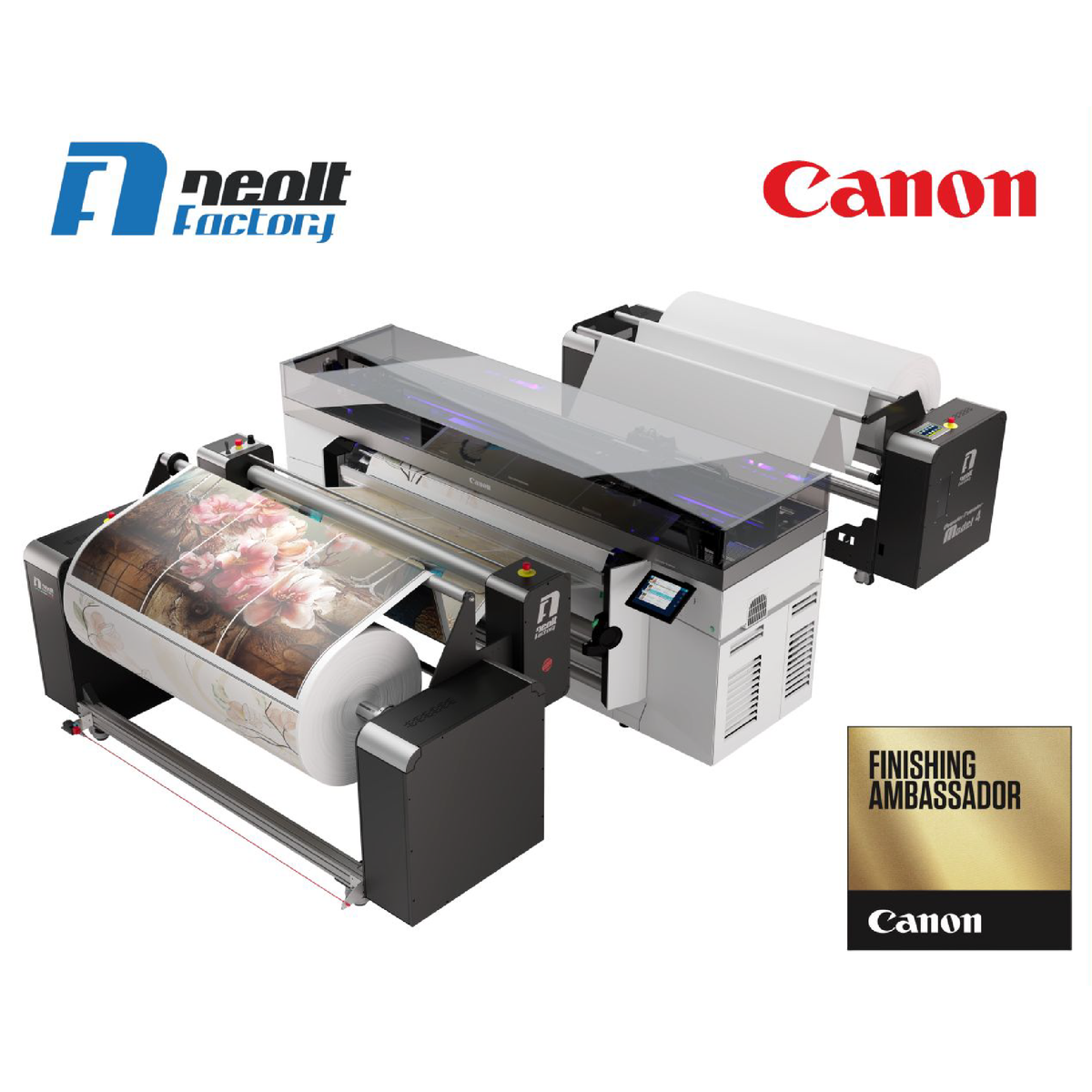 Neolt Factory Model 4 Colorado Jumbo Unwinder and Rewinder system, designed for heavy-duty, high-volume roll-to-roll media handling with the Canon Colorado printer series.